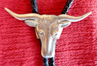 Vintage Silver Tone Classic Western Longhorn Steer Design Slide Bolo Tie - Nr