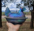 Vtg Rare Indiana Glass Hen Bicentennial Blue 7  Nest Covered Dish Carnival Glass