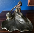 French Art Nouveau Bronze Inkwell W Glass Insert Figural Woman In Flowing Gown