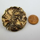 Vintage Lady Before Flower Art Nouveau Brass Pin Antique Brooch French Casting