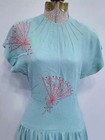 Vintage 1930s 1940s Teal Blue Dress Pink Fan Design Penny Mason Xs Novelty Rayon