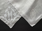 A  2 Vintage Bright White Hankies Madeira Style Hand Embroidered Monogram M