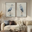 Large Framed Vintage Bird Wall Art  2 Piece Neutral Blue Heron Canvas Paintin   