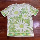 Vintage 60s 70s Floral Green Blouse Top Shirt M l Polyester Mod Flower Power