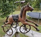 Awesome Vtg  Wood  Leather Metal Tricycle Hand Carved Horse 23 l X 17 5 h X 9 