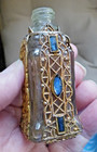 Czech Perfume Scent Bottle W  Gold Cladding Filigree   Blue Rhinestones