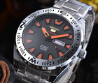 5sports Style Quartz Men Watch Black Dial Orange Markers Day Date Steel Bracelet
