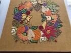 Vtg 1970s Crewel Embroidery Wreath Bird Butterflies Handmade Canvas framed 18x18