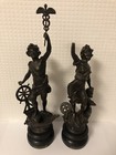 Pair Of Bronzed Spelter Statues On Wooden Bases Le Commerce L   industrie