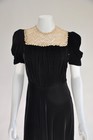 Vintage 1930s 1940s Black Silk Velvet Dress W  Lace Yolk Short Sleeves Fall Xs s