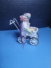 Dollhouse White Wicker Baby Stroller Pram Carriage Buggy  Bow   Ribbon Metal Vtg