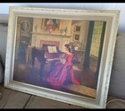 Vintage Large Picture Lady Playing Piano Old  31    X 33 Really Nice Antique