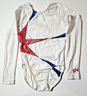 Used Gk Elite White Red Blue Gymnastics Competition Leotard With Rinestones Med