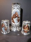 3 Piece Silver Overlay Monk Ale Set Probably Trenton Art Pottery For R H Macy