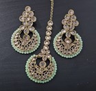 Gold Plated Jewelry Set Earrings   Maang Tikka Teardrop Crystal Pearl