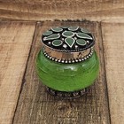 Vintage Green Glass Trinket Jar  Silver Tone Inlaid Floral Lid Vanity Powder Pot
