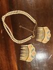 Vintage 1970 s Floral Bird Hair Combs With Pearl Necklace