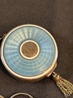 Antique Blue Guilloche Enamel Powder Compact Chain   Finger Ring Tassel - Nice 
