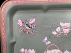 Rectangula Metal Decorative Tray Painted Green   Pink Magnolia Themed Transfers