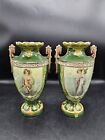 Antique Pair Of Vases Majolica Art Nouveau Victorian Painted Porcelain Pottery