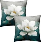 White Floral Throw Pillow Cover 18x18 Inch Set Of 2 Turquoise Leaf Decorative   