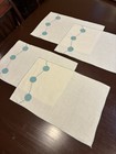 Set Of 4 Vtg Linen Placemats Euc Ivory Teal Floral Couching Silver Stitch 11x17