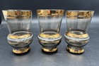 Vintage Mcm Smoke Glass Decanter Set 5 Shot Glasses Gold White Stripe Barware
