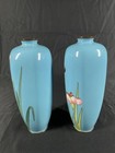 Pair Of Antique Japanese Sky Blue Cloisonne Vases With Ginbari Iris Flowers7 25   