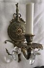 Pair Of Vintage Spanish Single Arm Cast Brass Wall Sconces With Crystals  read