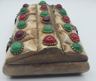 Vtg  Bone Hinged jewelry Trinket Box Multiple Stones And Brass  Velvet Lined