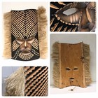2 Ceremonial Tribal Mask Straw Hair Tiki Hand Wood Carved African Wall Art Vtg