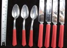Lot Of 7 Royal Brand Cutlery Co  Knives   Spoons W Red Art Deco Bakelite Handles