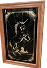 Vintage 1980s Unicorn Mirror Black And Sparkly Gold 12 5   x 18 5    Oak Frame
