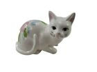 Hand Painted Ceramic Porcelain White Cat Kitten With Flowers Figurine