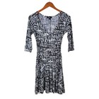 Vintage Y2k Dress Size Medium Stretch Party Ruched Waist Black White Flare Wrap