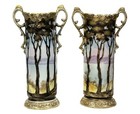 Pair 11  Morimura Nippon Porcelain Scenic Landscape Hand Painted Vases Gold Gilt