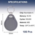 100pcs 13 56mhz Rewritable Cuid Rfid Key Fob Access Control Key Card  Gray