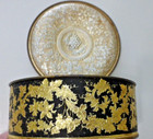 Fruitcake Tin Guildcraft Metal Gold Embossed W Black Filgree Gold Grape Leaves