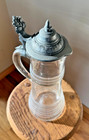 Antique 1800 s Blown Glass Pewter German Large Lidded Beer Stein Mug Pitcher 