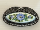 Vintage Russian Ussr Hand Painted Floral On Ceramic Brooch Pin Silver Tone
