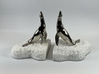 Pair Of Vintage Mcm Art Deco Chromed Seal Bookends On Carved White Stone Bases