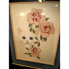 1572   Finished And Framed Cross Stitch Art Cat With Roses