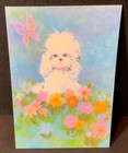 Vtg Hallmark Small Blank Note Card Unused White Poodle Pink   Orange Flowers