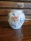 Antique Bohemian Harrach White Art Glass Vase Hand Painted Flowers 3 5 