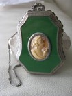 Antique Silver Green Enamel Cameo Woman Powder Rouge Compact Eam  1
