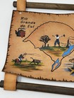 Vintage Leather Map Of Brazil Hand Painted Scroll Wall Hanging Wooden Dowels Guc