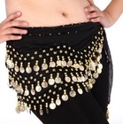 3 Rows Gold Coin Belt Belly Dance Costume Black Hip Scarf Dancing Skirt Wrap