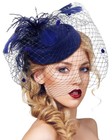Navy Pillbox Hat 20s 50s Vintage Fascinators For Women With Feather Mesh Veil   