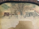 Antique Oval Wooden Tiger Stain Picture Frame W convex Glass Winter Farm Scene