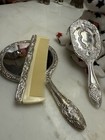 3 Piece Vintage Vanity Set Silver Plated Hand Mirror  Hair Brush   Comb Ornate